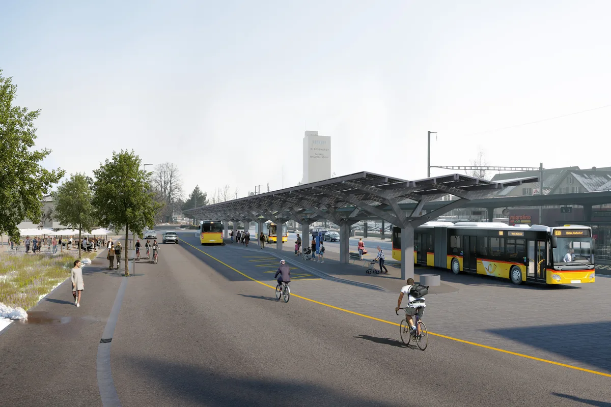 So in etwa hätte der Bushof, den der Gemeinderat vor zwei Jahren geplant hatte, aussehen sollen. Aber auch diese Variante wurde mittlerweile weiterentwickelt.  Visualiserung der Variante «Businsel»